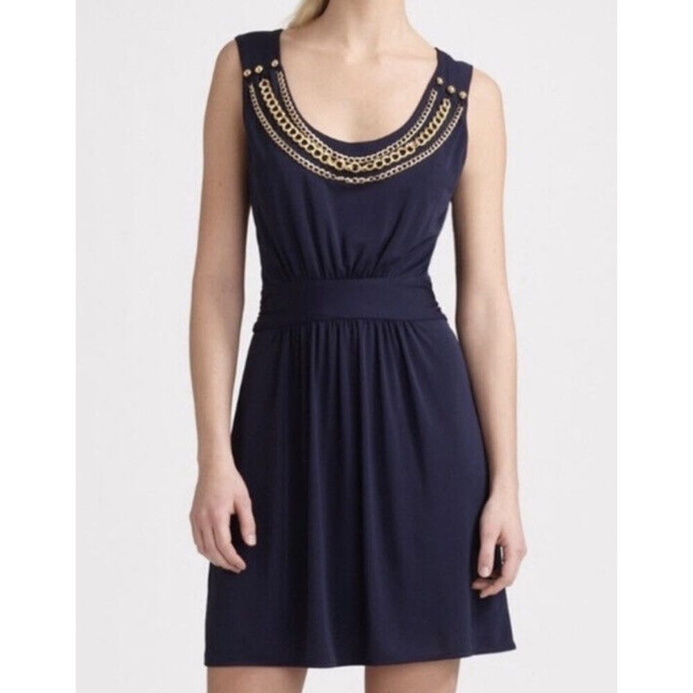 Milly Navy Gold Tone Knit Layered Chain Embellished Scoop Neck Sheath‎ Dress Lg